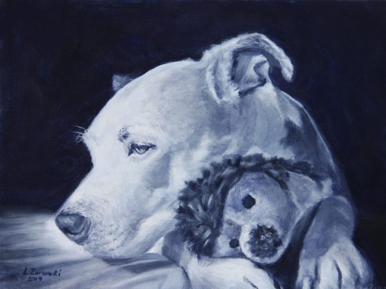 Oil painting of pitbull with toy